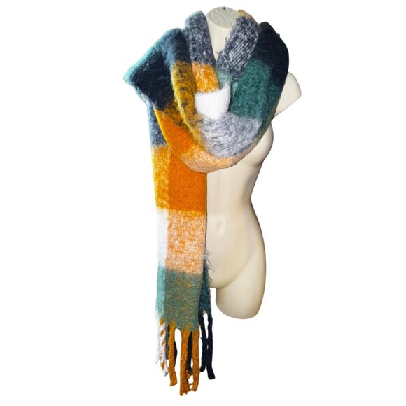 Chunky Plaid Scarf With Fringes In Orange Green & White Preppy Classic Bohemian - Picture 2 of 6
